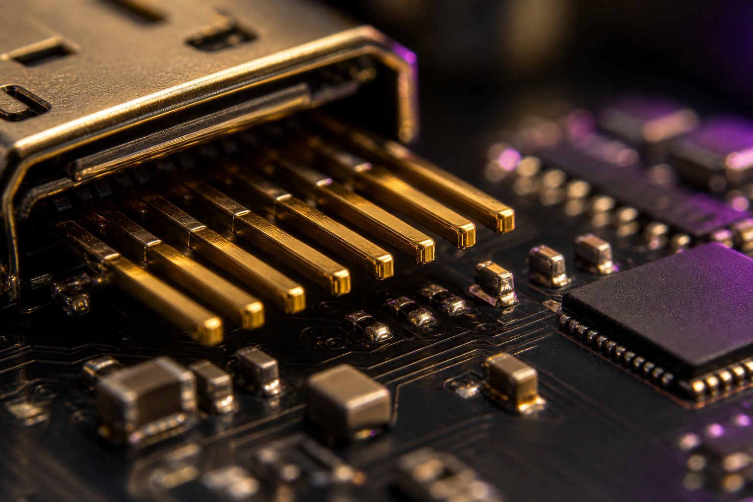Primo piano di connettori placcati oro e componenti hardware di precisione su un banco da lavoro