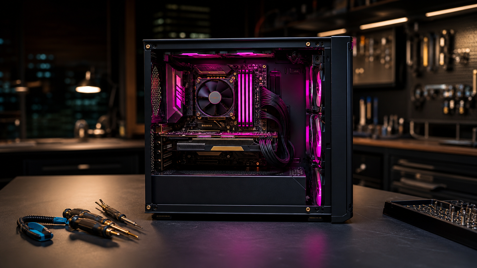 Interno di un case PC aperto sul banco di lavoro di Vitali Hardware ad Avellino, con componenti hardware illuminati da luci RGB fucsia e dettagli placcati oro