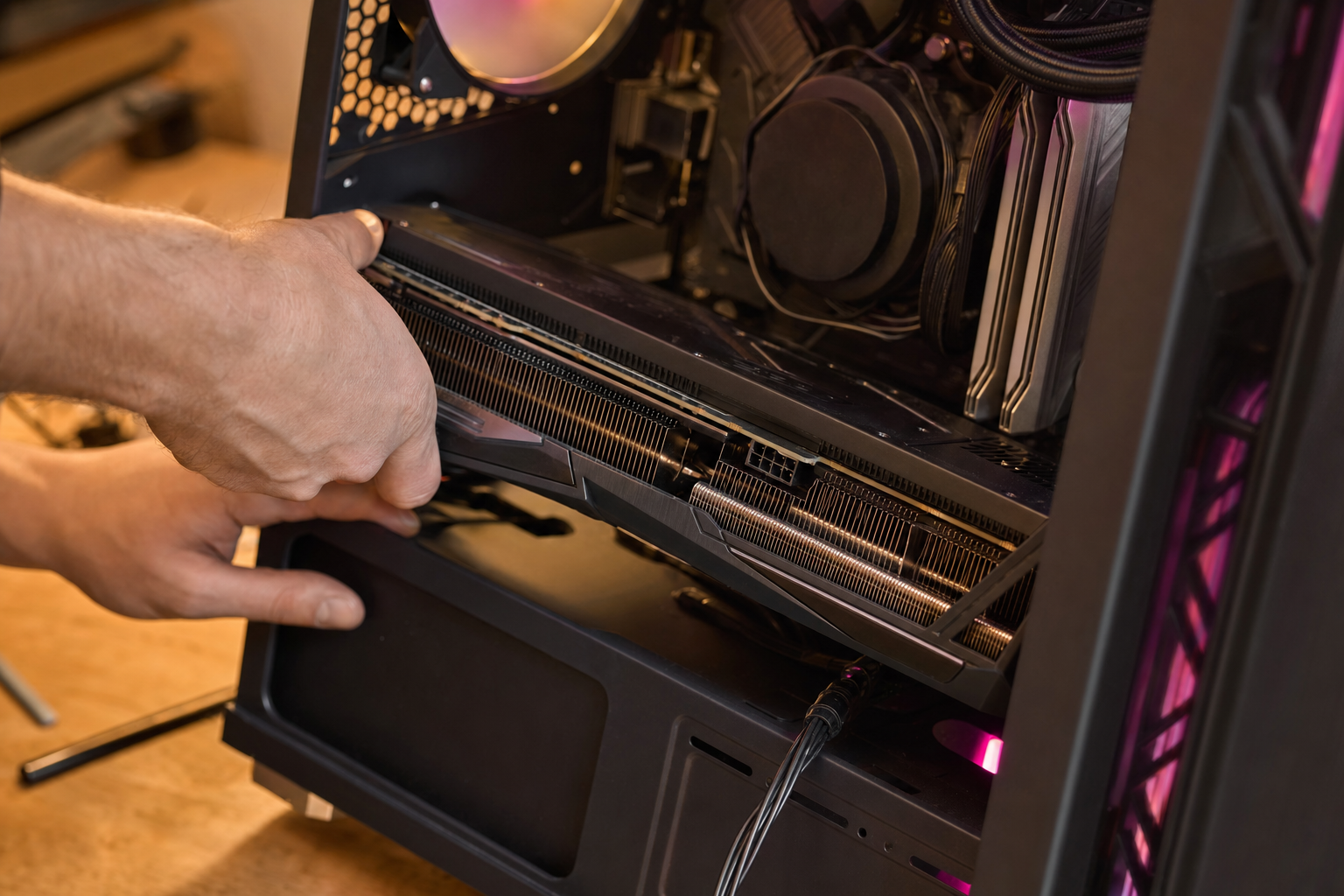 Mani che assemblano un PC su misura montando una scheda video su una scheda madre in officina