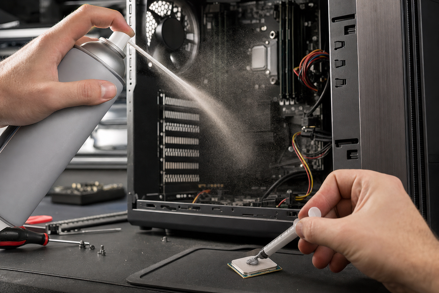 Pulizia interna di un case PC con aria compressa e sostituzione della pasta termica sul processore