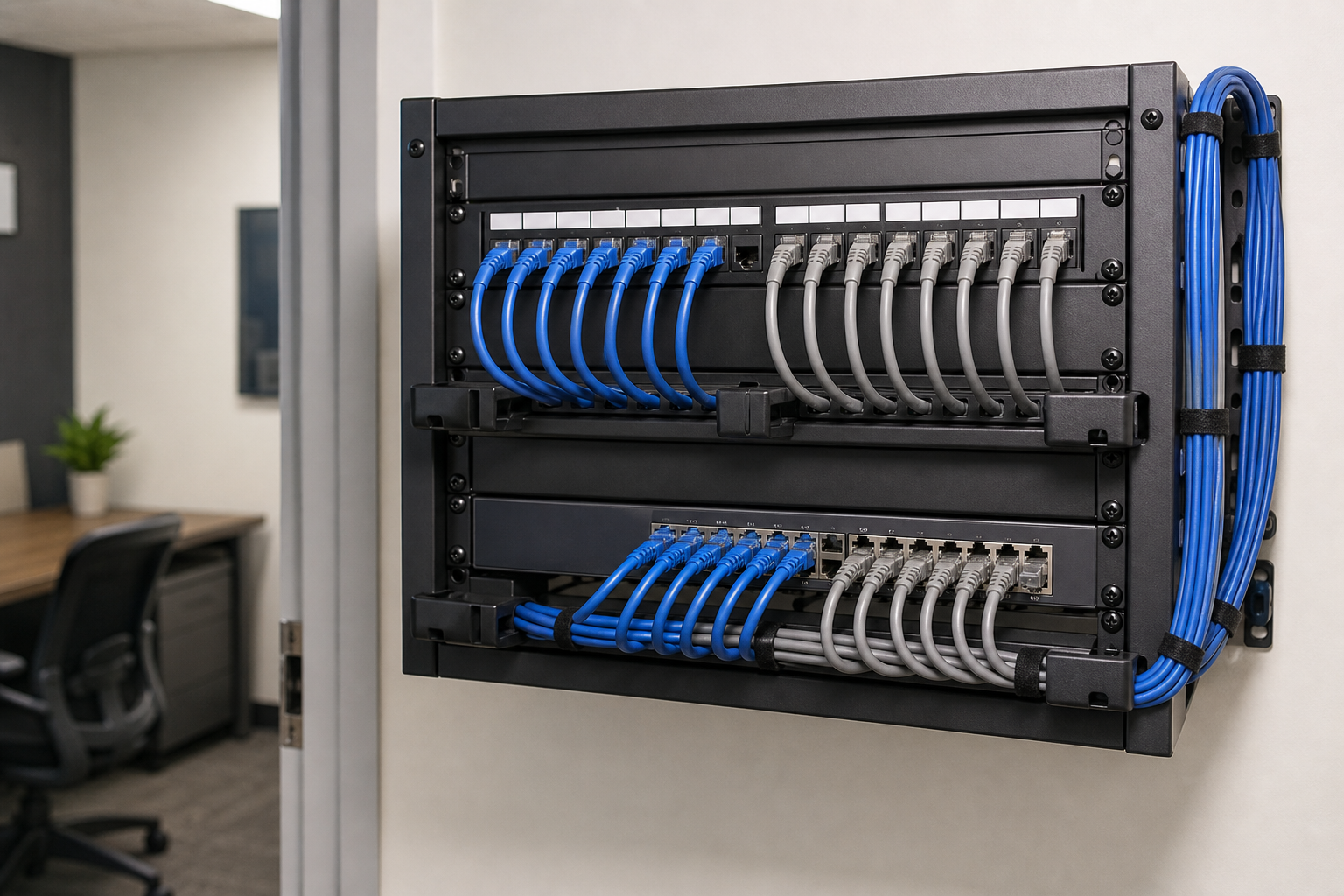 Cablaggio ordinato di rete con switch, patch panel e cavi etichettati in un ufficio