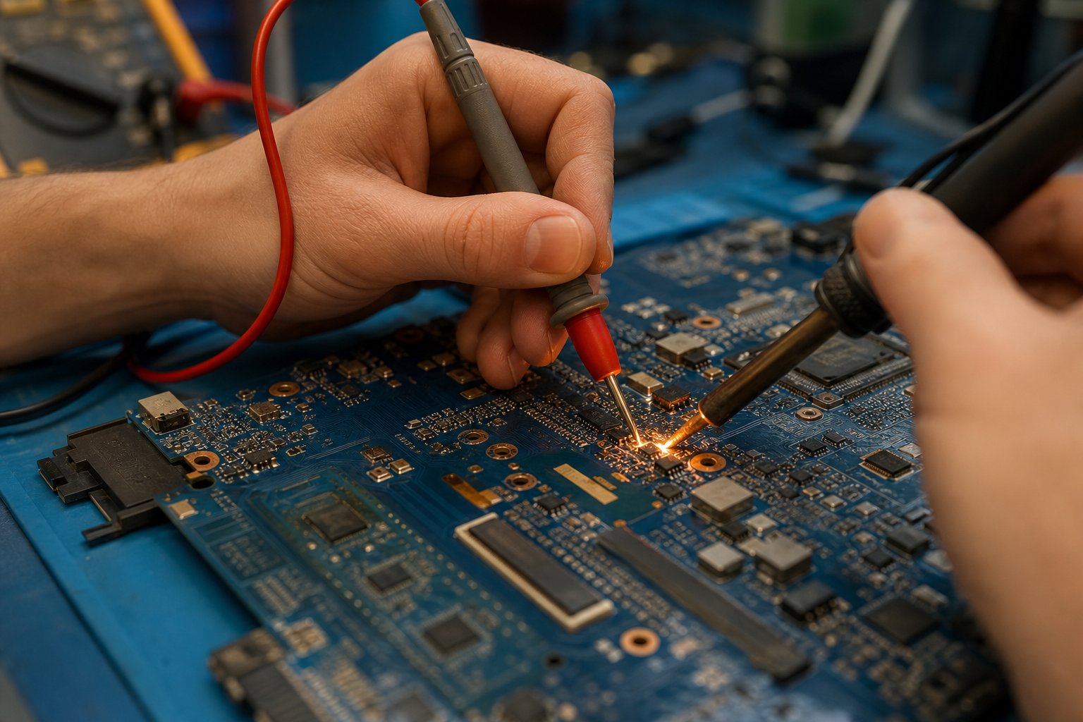 Tecnica al lavoro con multimetro e saldatore su una scheda madre durante una diagnosi hardware
