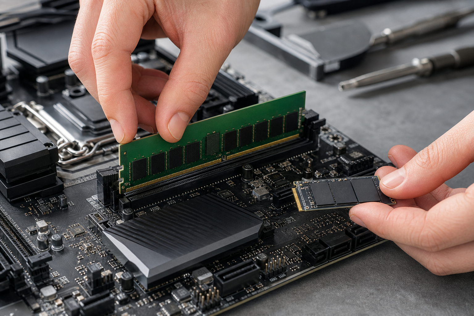 Primo piano di un modulo RAM e di un SSD NVMe pronti per l'installazione durante un upgrade PC